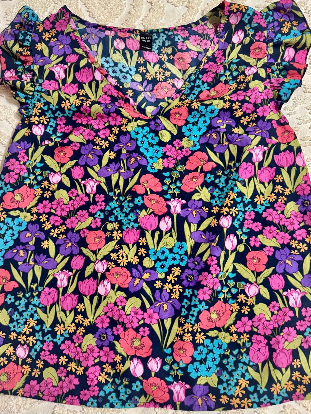Floral V-Neck Blouse in Navy with Pink, Teal & Purple Blooms